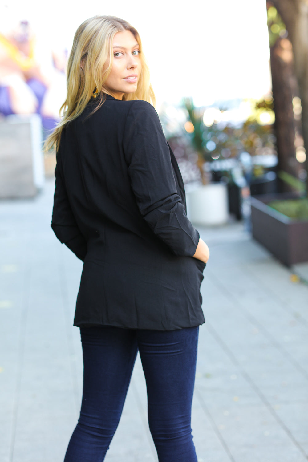 More To Love Black Notched Lapel Ruched Sleeve Blazer - Luxe Mod 