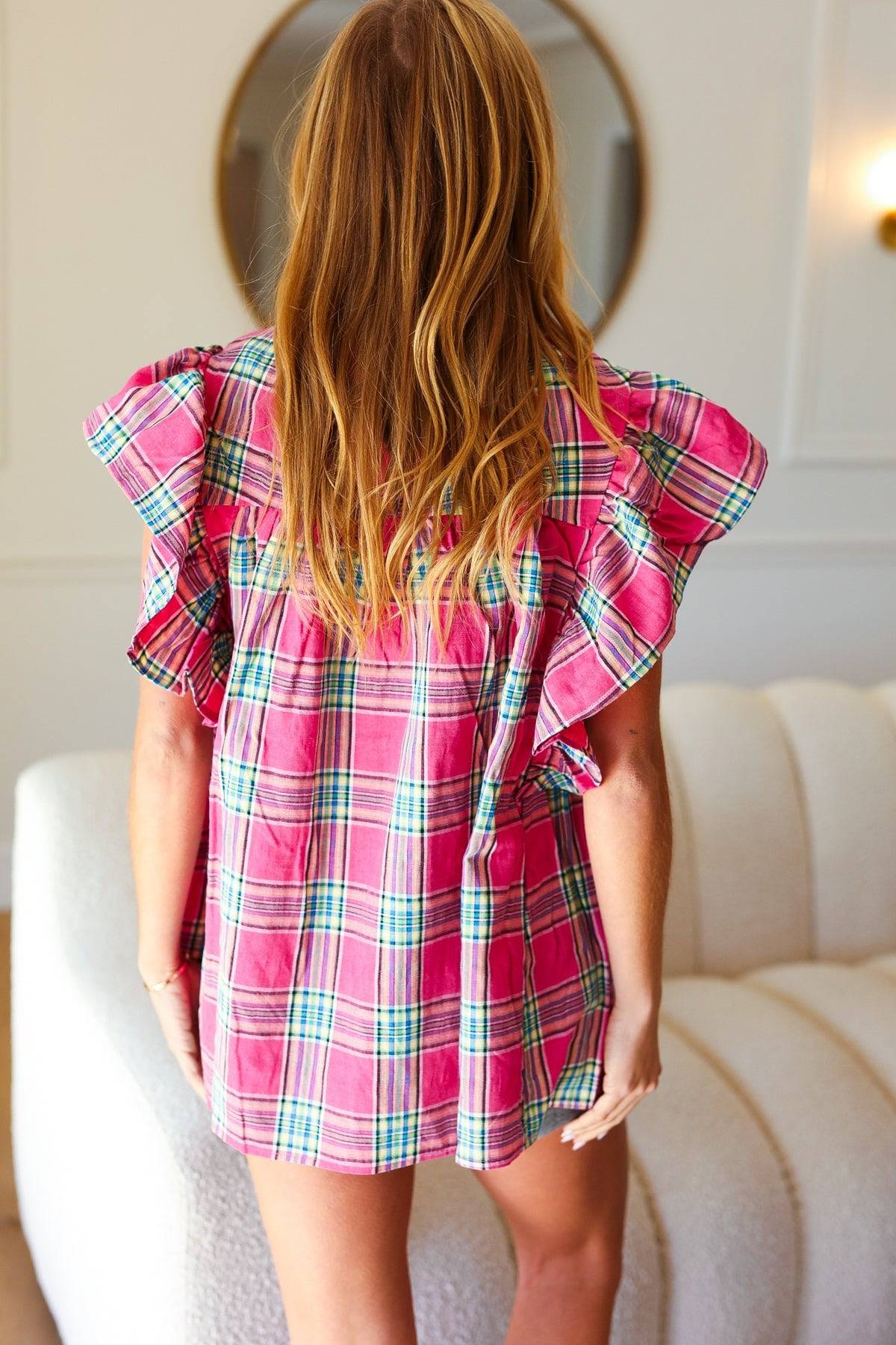 Live For Today Fuchsia Plaid Shirred Yoke Flutter Sleeve Top - Luxe Mod 