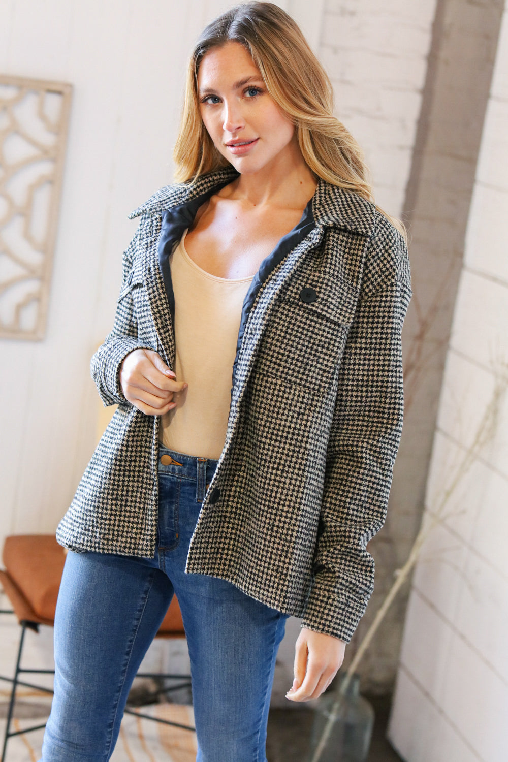 Collared Houndstooth Button Down Wool Blend Jacket - Luxe Mod 