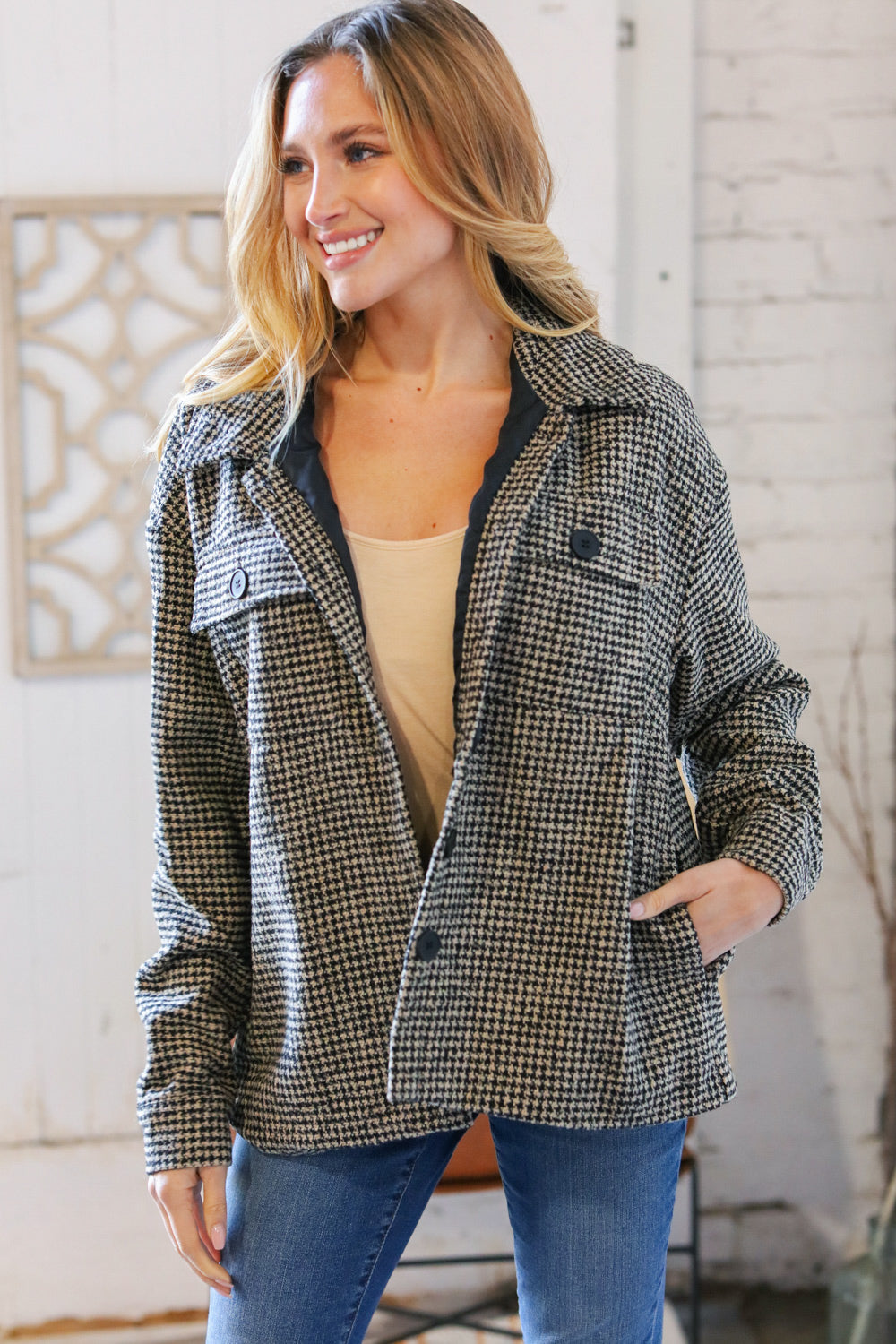 Collared Houndstooth Button Down Wool Blend Jacket - Luxe Mod 