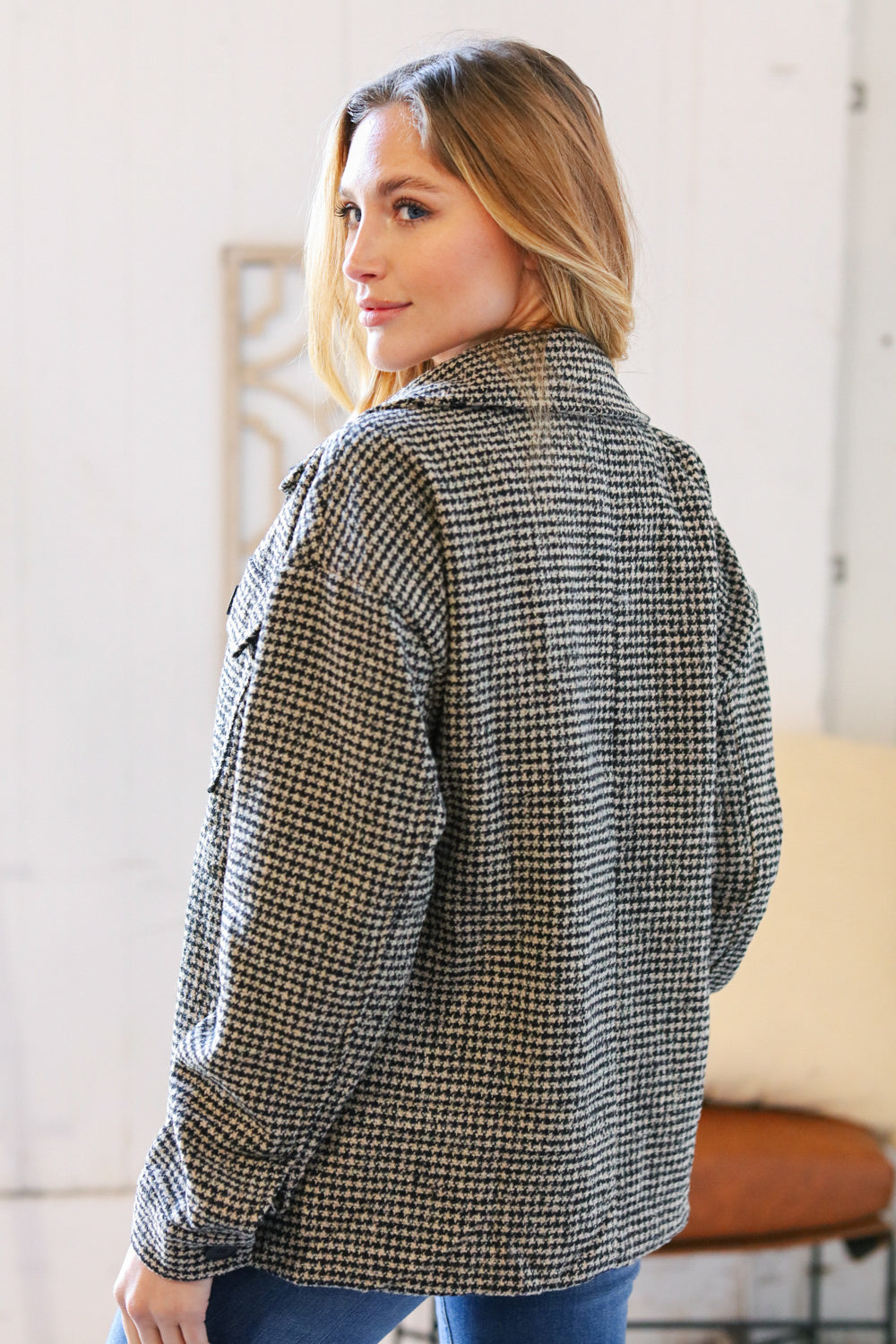 Collared Houndstooth Button Down Wool Blend Jacket - Luxe Mod 