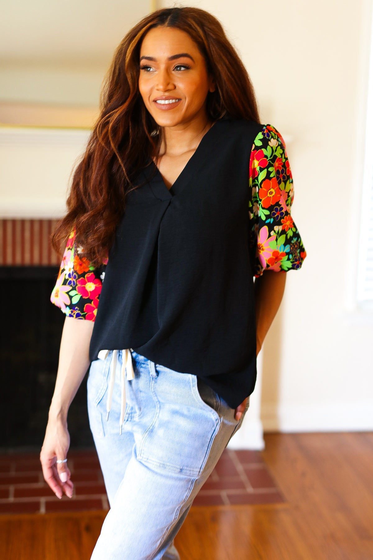 Eyes On You Black Floral Puff Sleeve V Neck Top - Luxe Mod 