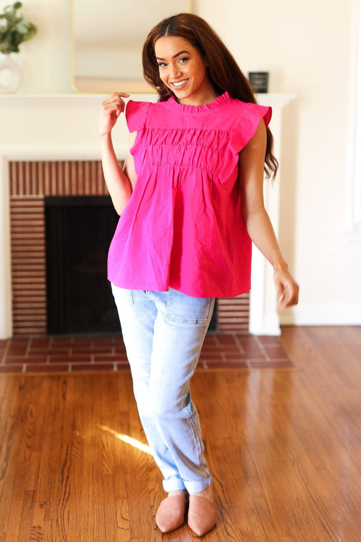 Love Life Cotton Fuchsia Frill Mock Neck Flutter Sleeve Top - Luxe Mod 