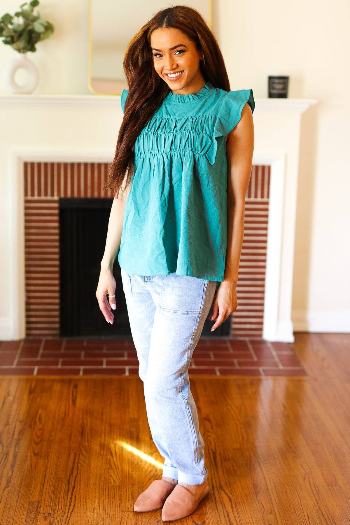 Love Life Cotton Turquoise Frill Mock Neck Flutter Sleeve Top - Luxe Mod 