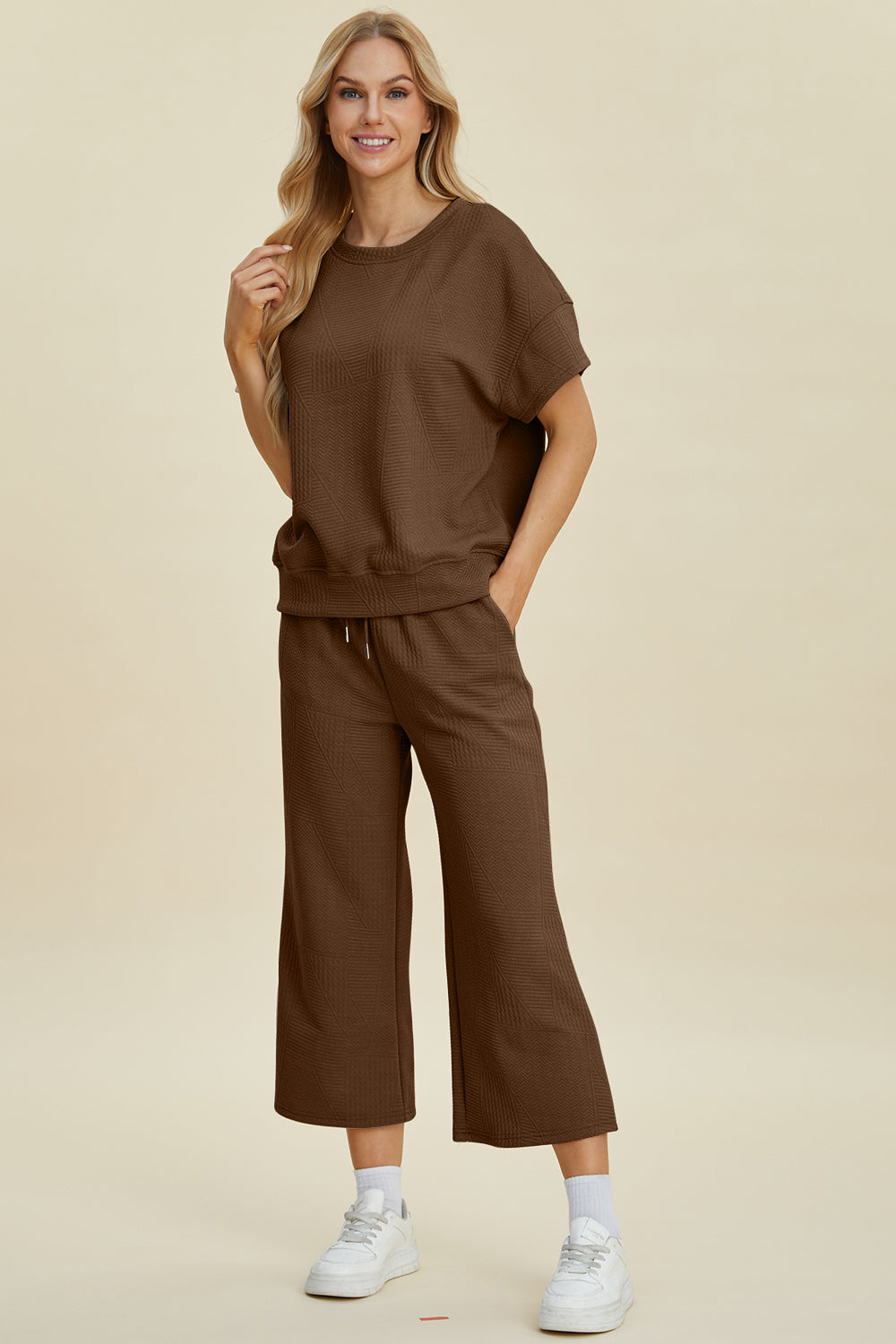 Double Take Full Size Texture Round Neck Top and Pants Set - Luxe Mod 