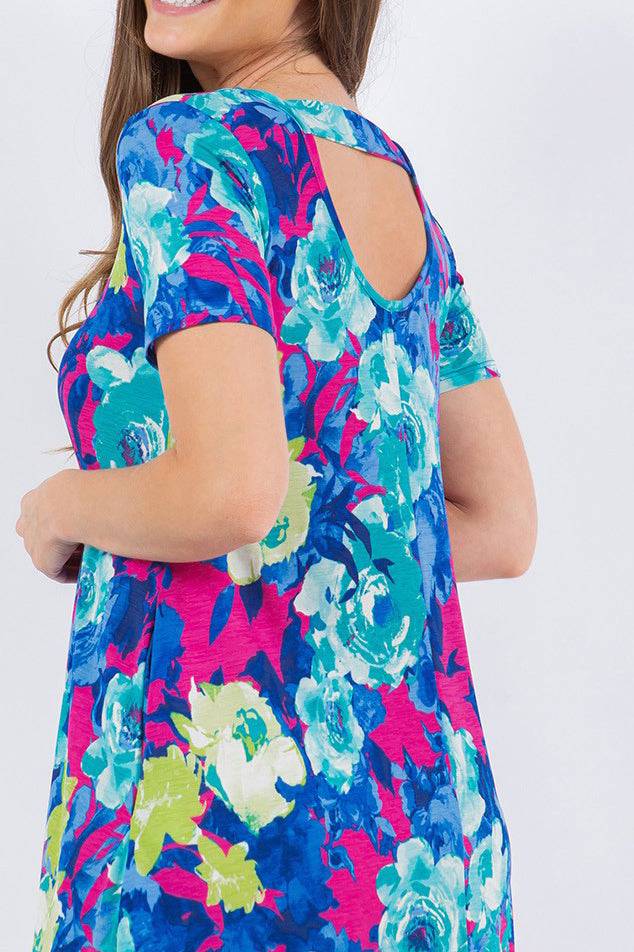 Everyday Blue & Pink Floral Ruffle Hem Dress - Luxe Mod 