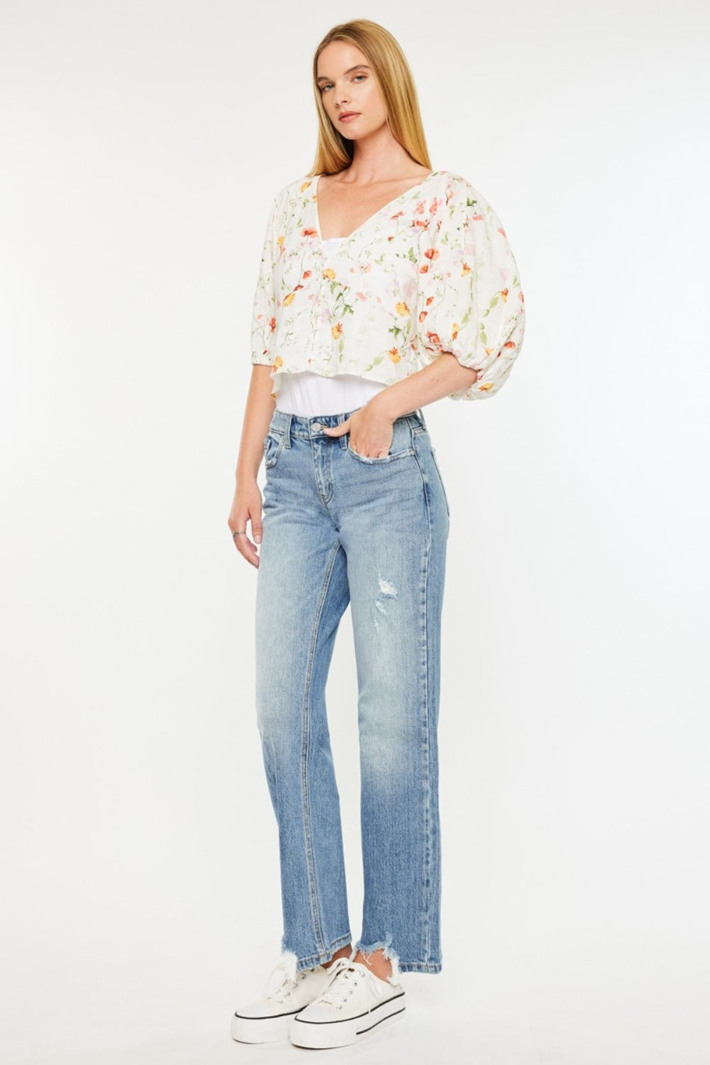 Kancan Mid Rise Frayed Hem Straight Jeans - Luxe Mod 