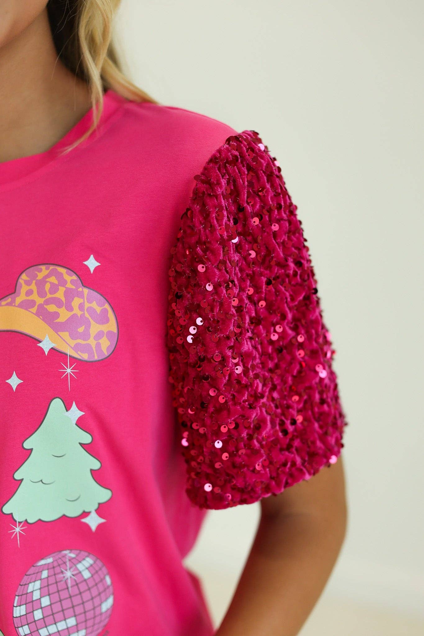 Western Christmas Fuchsia Top With Sequins Puff Sleeve