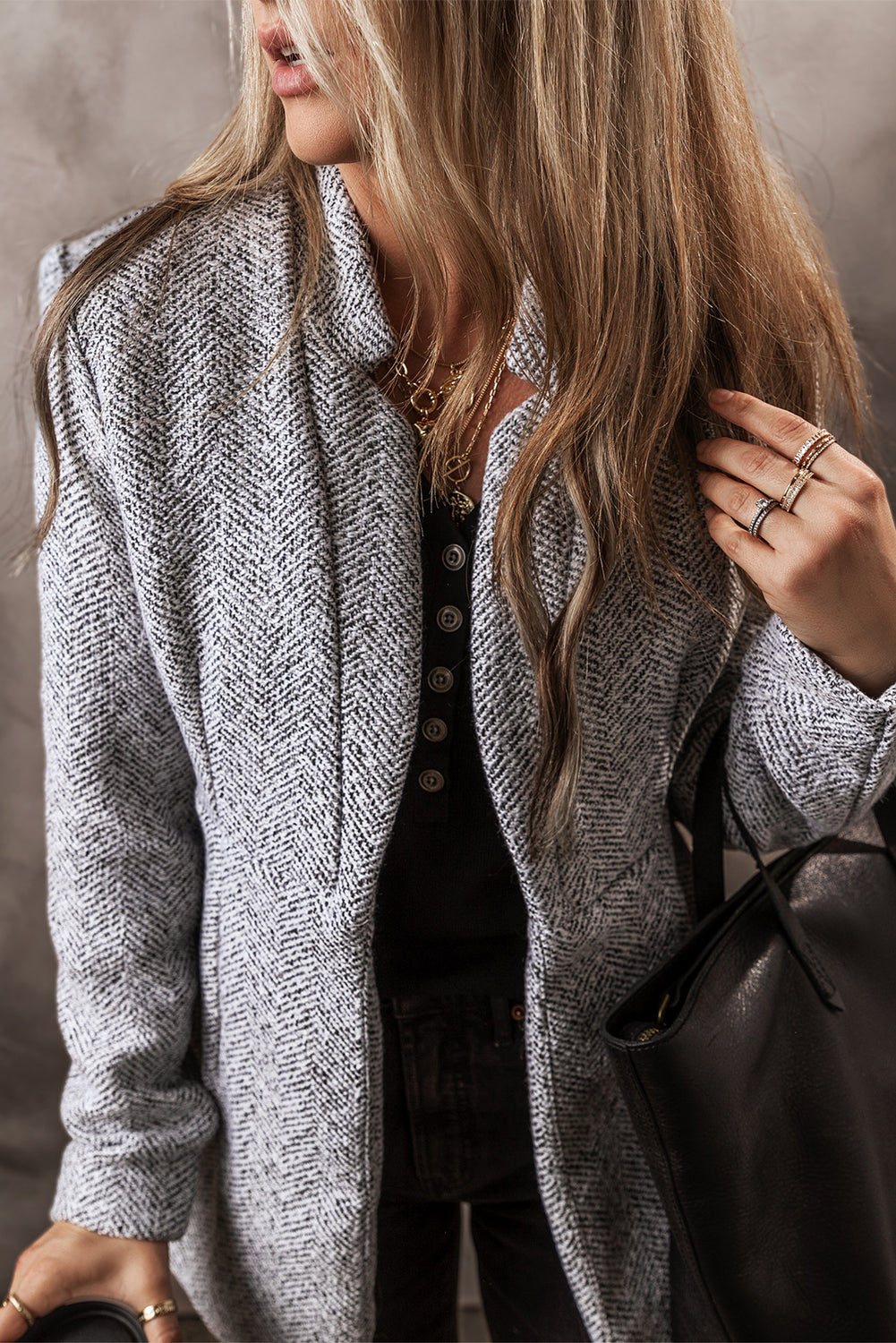 Light Grey Lapel Collar Pocketed Long Jacket