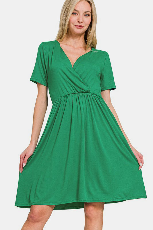 Zenana Surplice Short Sleeve Brushed DTY Dress