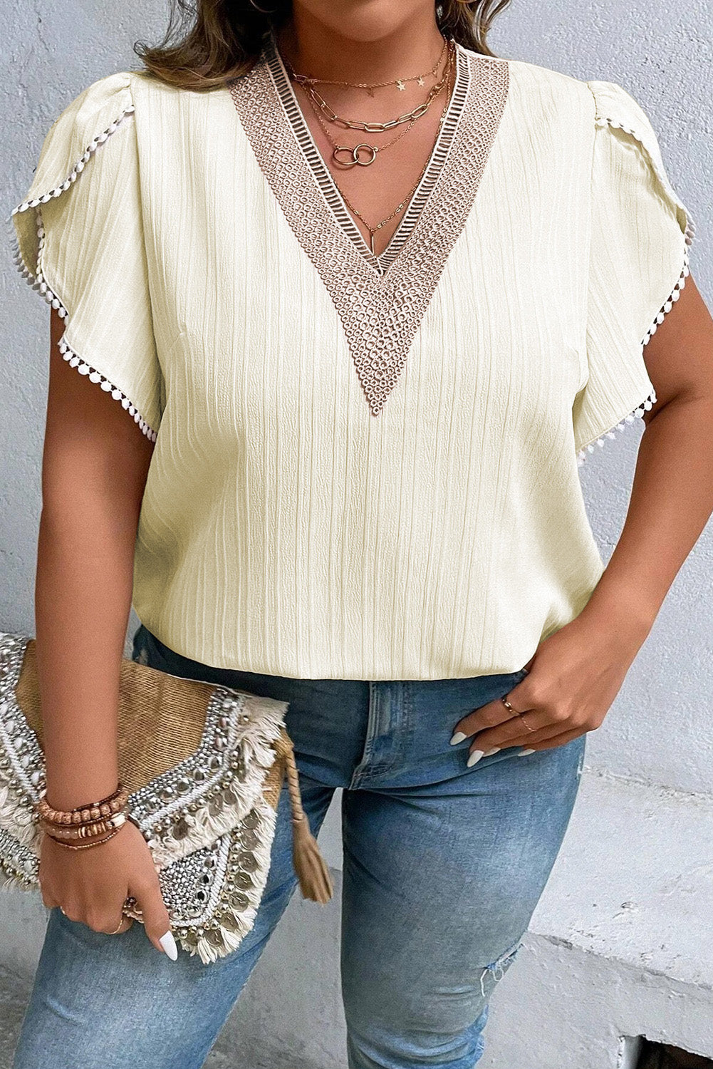 Plus Size V-Neck Petal Sleeve Blouse - Luxe Mod 