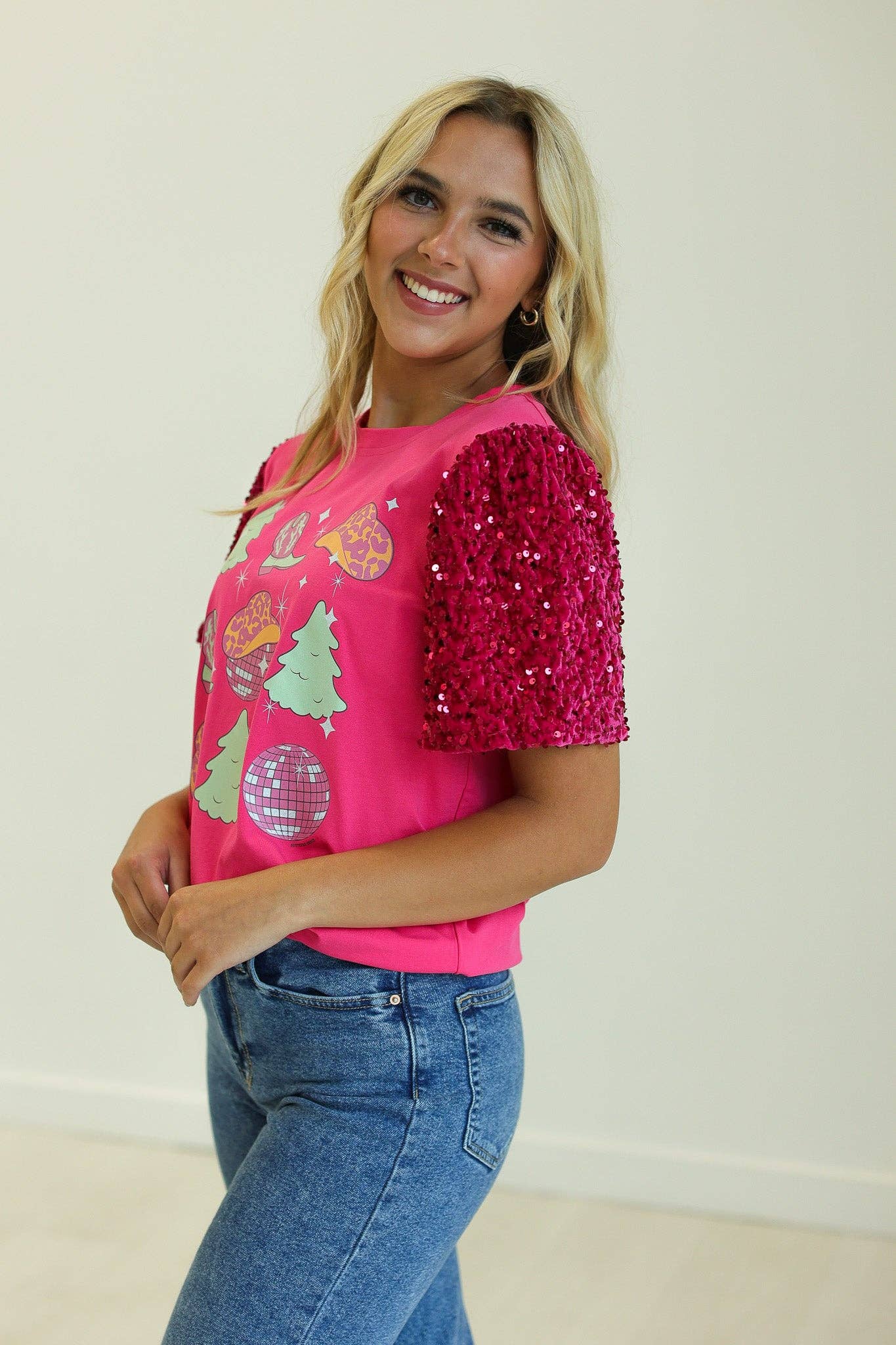 Western Christmas Fuchsia Top With Sequins Puff Sleeve