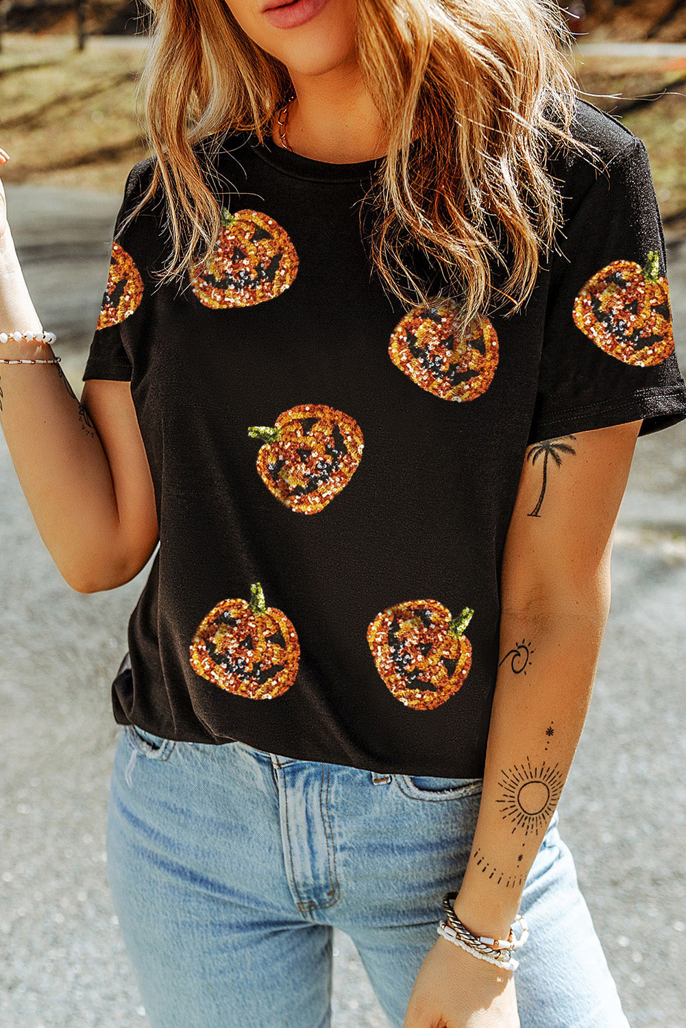 Black Halloween Sequin Pumpkin Face Graphic T Shirt - Luxe Mod 