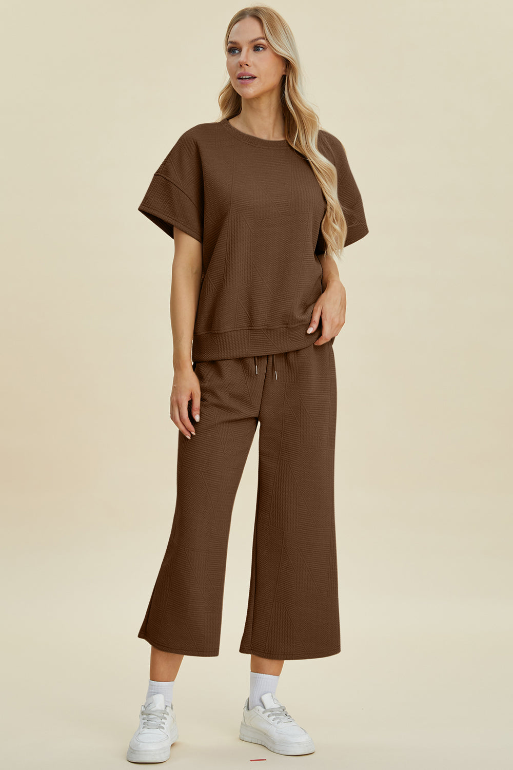 Double Take Full Size Texture Round Neck Top and Pants Set - Luxe Mod 