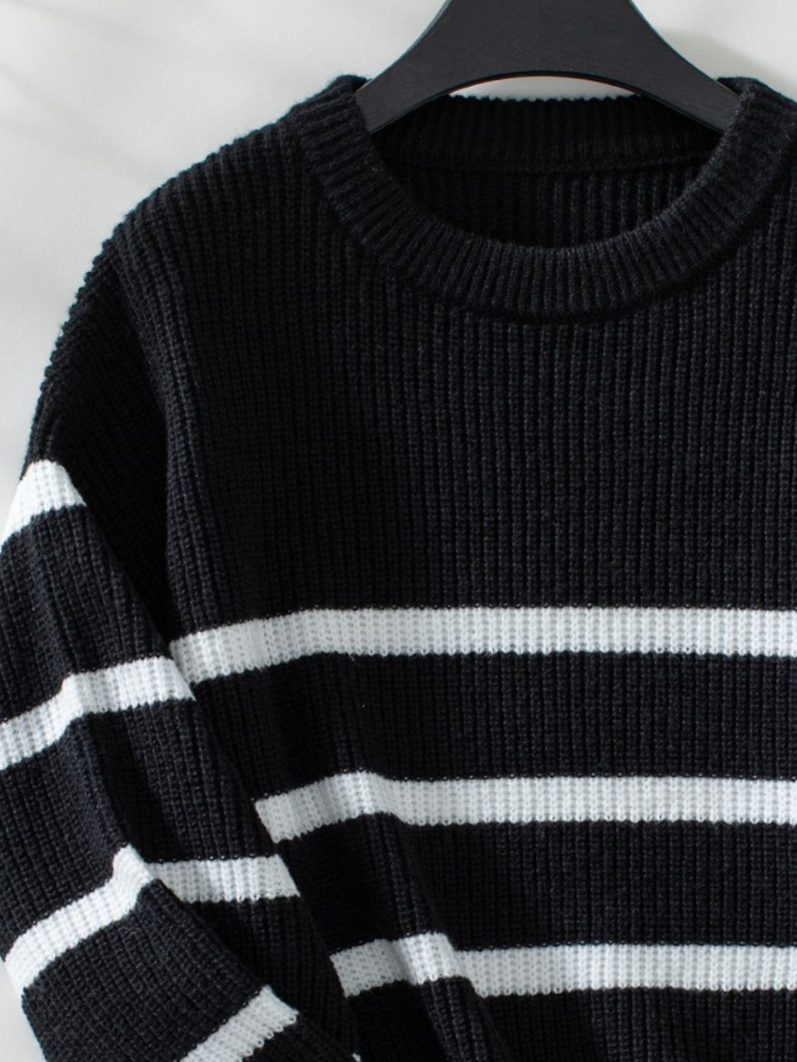 Striped Round Neck Dropped Shoulder Sweater - Luxe Mod 