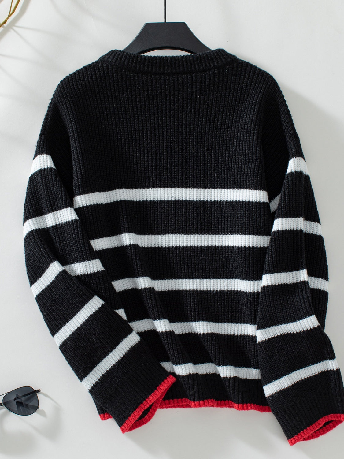 Striped Round Neck Dropped Shoulder Sweater - Luxe Mod 