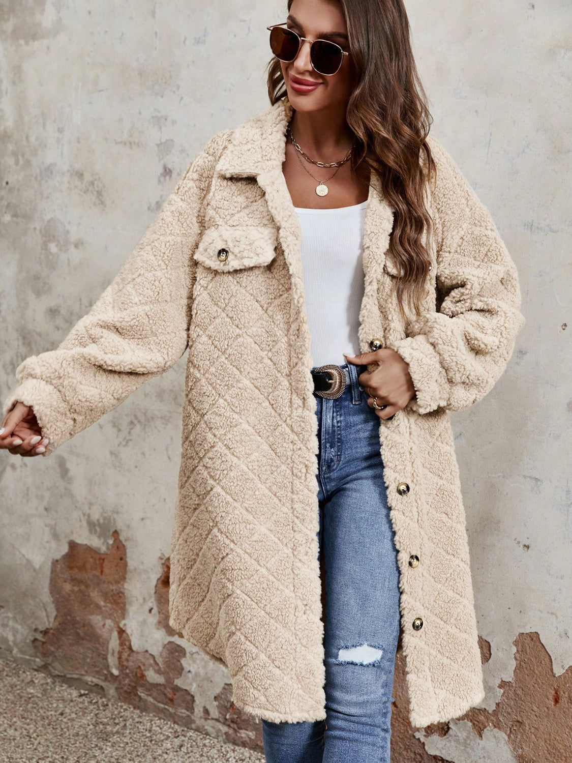 Fuzzy Button Up Dropped Shoulder Long Sleeve Coat - Luxe Mod 