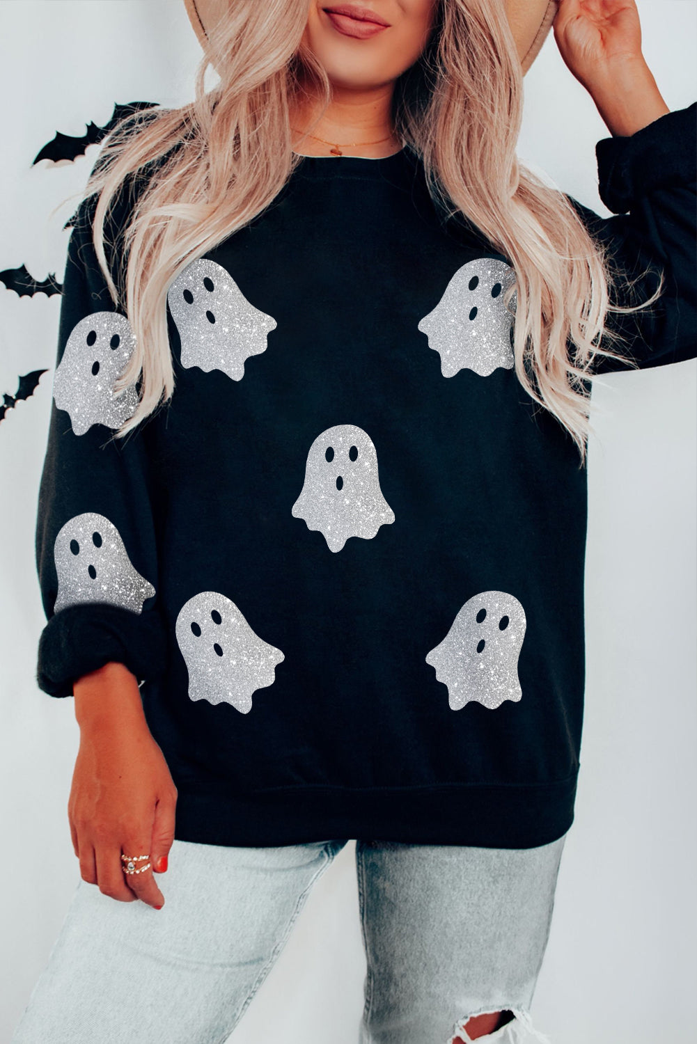 Black Glitter Ghost Pattern Crew Neck Halloween Sweatshirt - Luxe Mod 