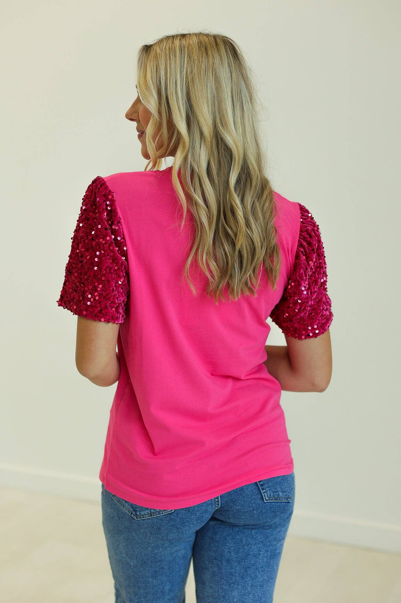 Western Christmas Fuchsia Top With Sequins Puff Sleeve