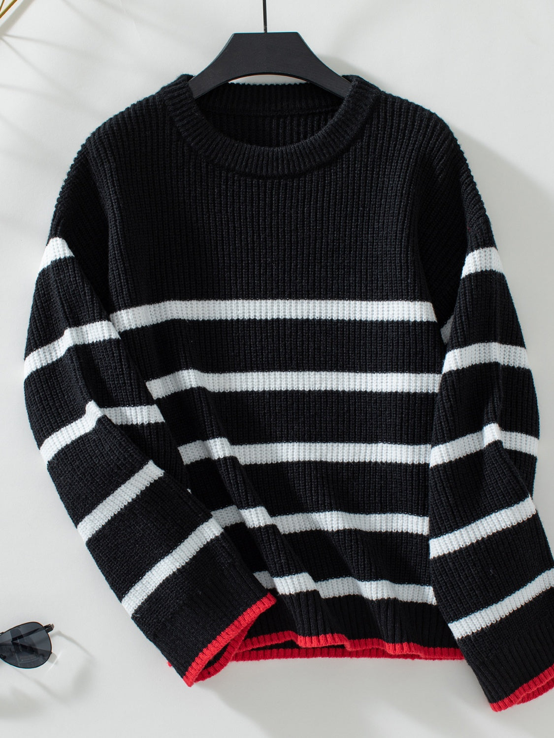 Striped Round Neck Dropped Shoulder Sweater - Luxe Mod 