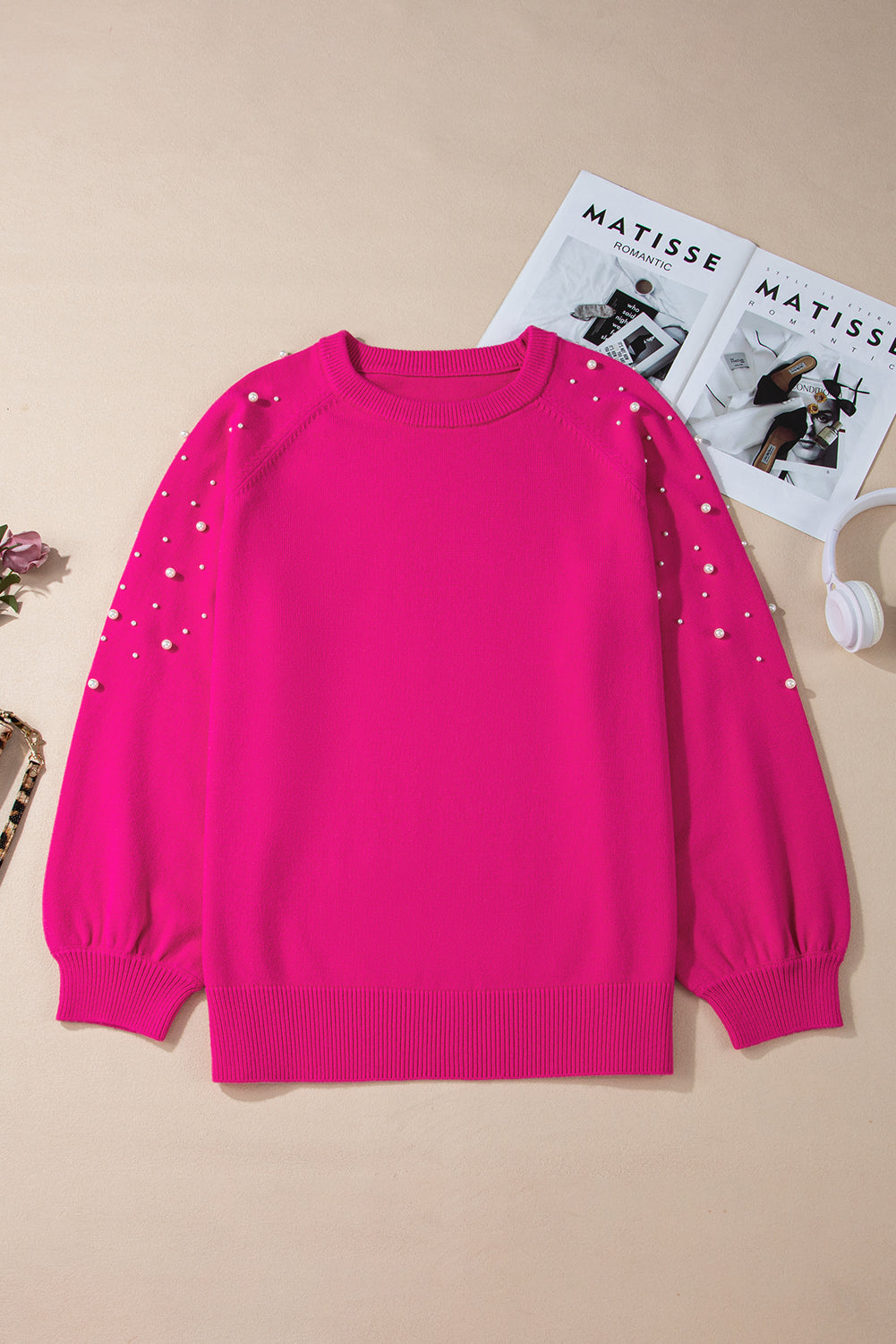 Strawberry Pink Pearled Decor Raglan Sleeve Plus Size Sweater - Luxe Mod 