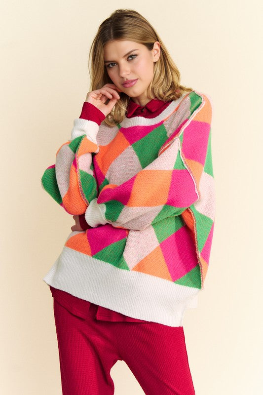 Davi & Dani Exposed Seam Color Block Dropped Shoulder Sweater