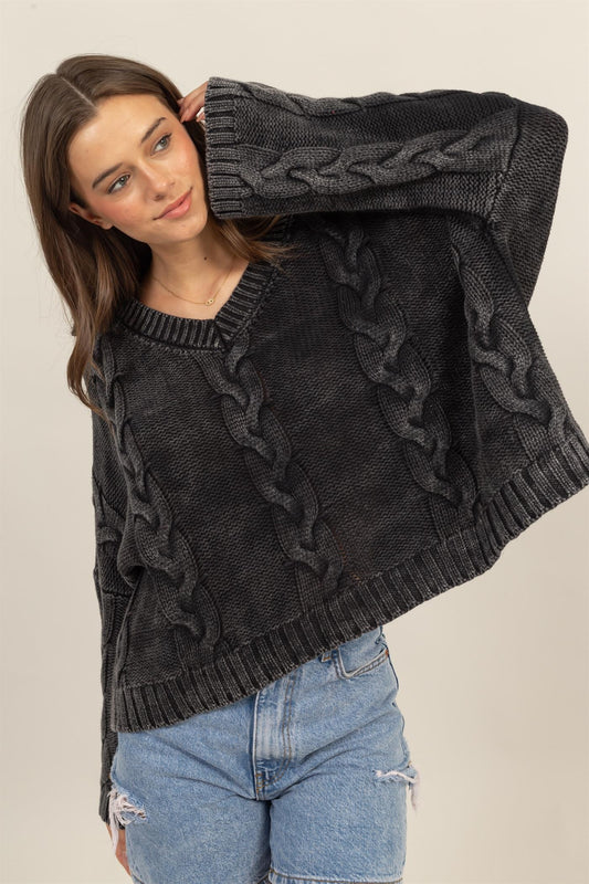 HYFVE Cable Knit V-Neck Dropped Shoulder Oversized Sweater - Luxe Mod 