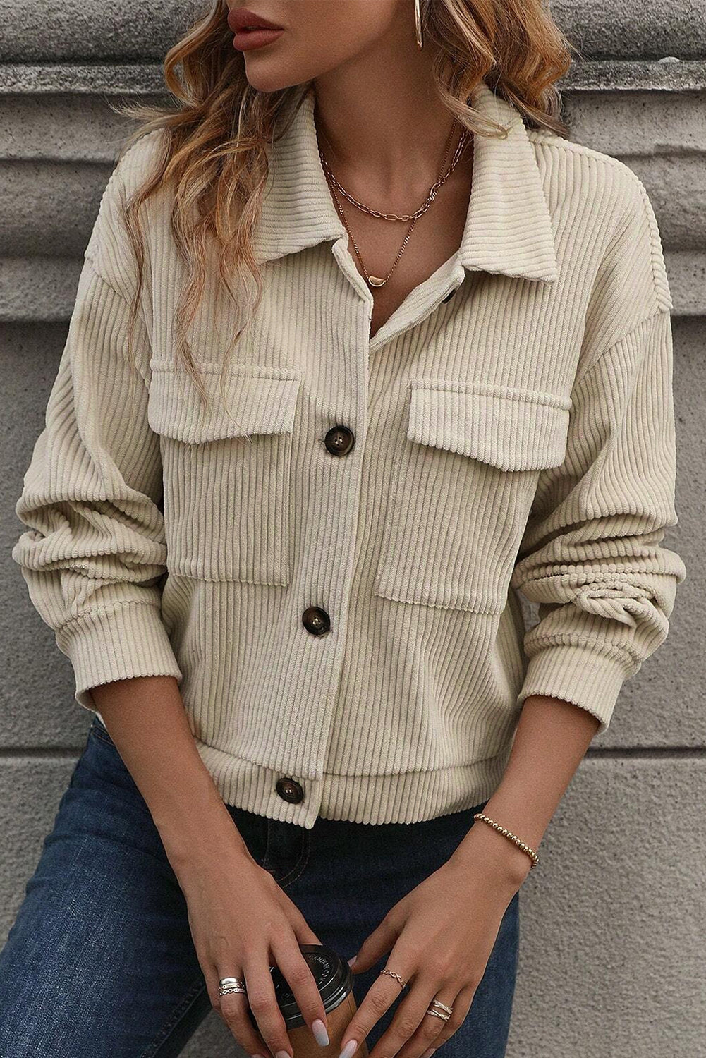 Beige Flap Pockets Turn Down Collar Corduroy Shacket - Luxe Mod 