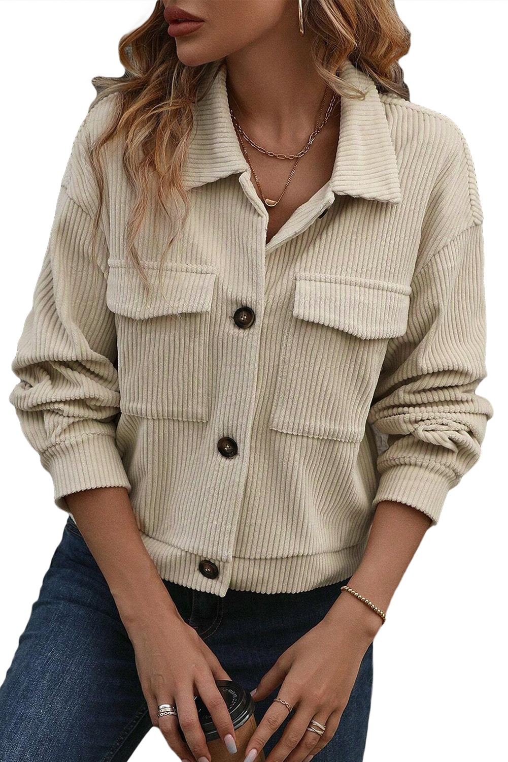 Beige Flap Pockets Turn Down Collar Corduroy Shacket - Luxe Mod 