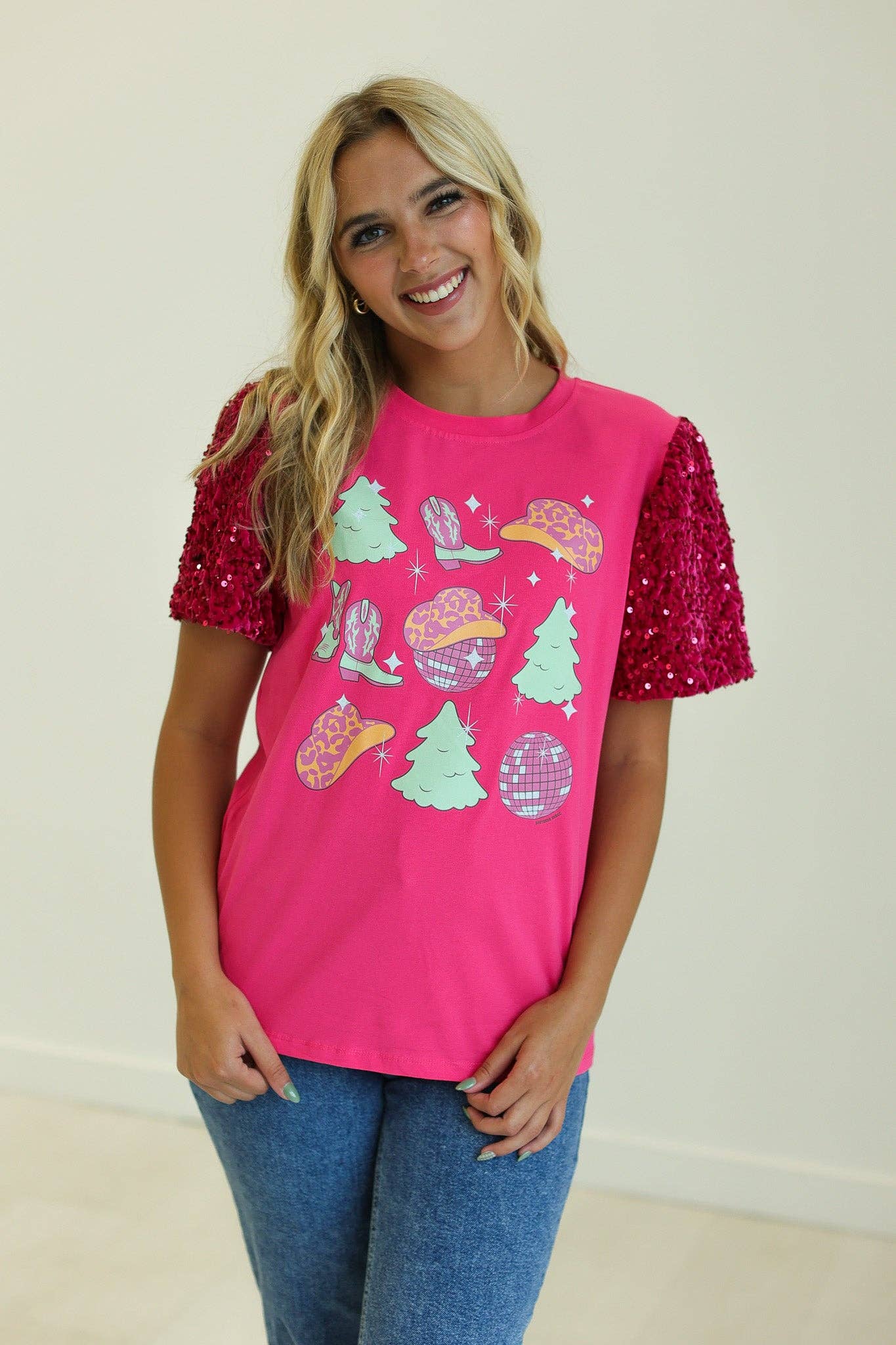 Western Christmas Fuchsia Top With Sequins Puff Sleeve