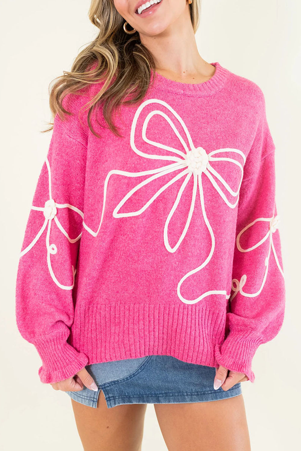 Bright Pink Sweet Bow Pattern Drop Sleeve Knit Sweater - Luxe Mod 