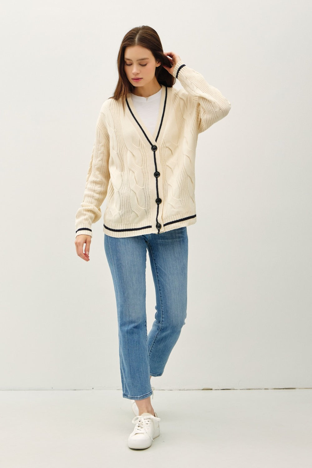 Be Cool Contrast Trim Cable-Knit V-Neck Cardigan - Luxe Mod 