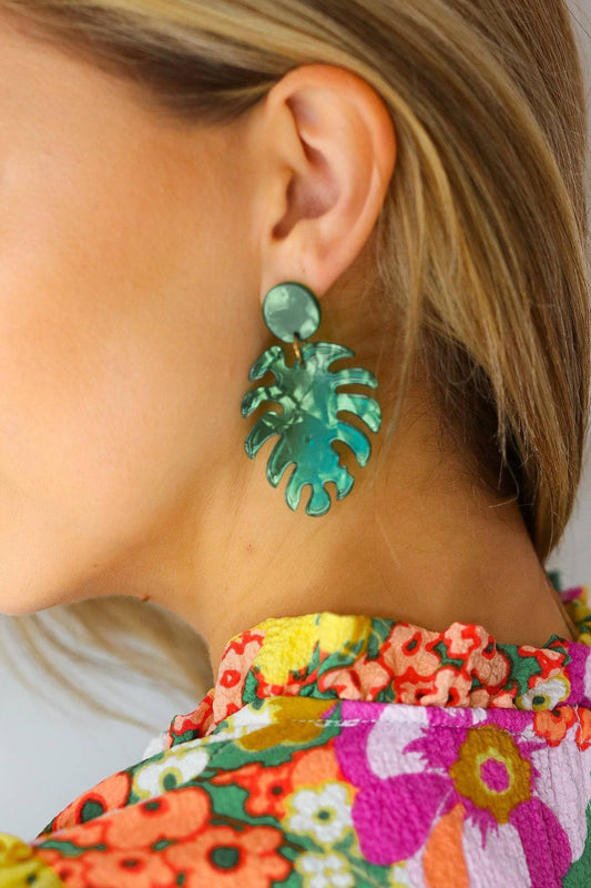 Emerald Acrylic Monstera Leaf Earrings - Luxe Mod 