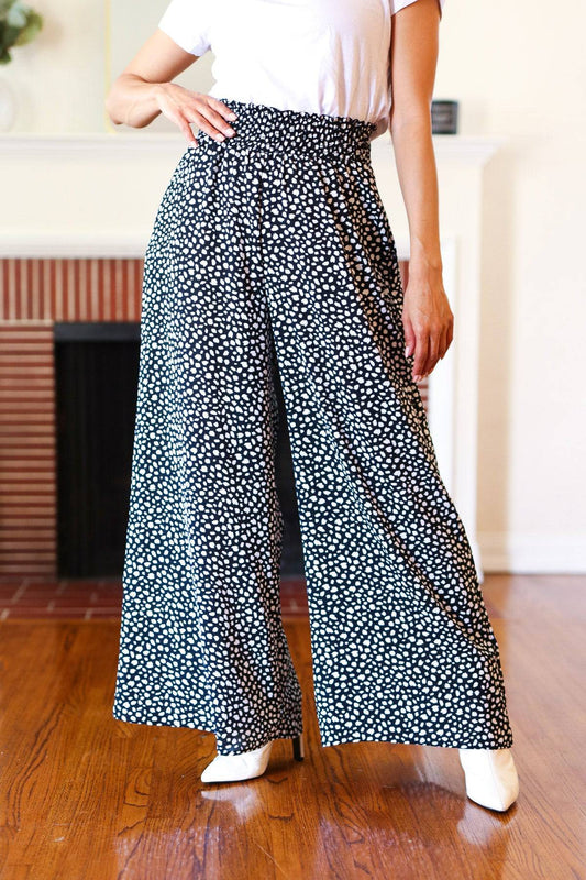 Let's Meet Up Black Animal Print Smocked Waist Palazzo Pants - Luxe Mod 