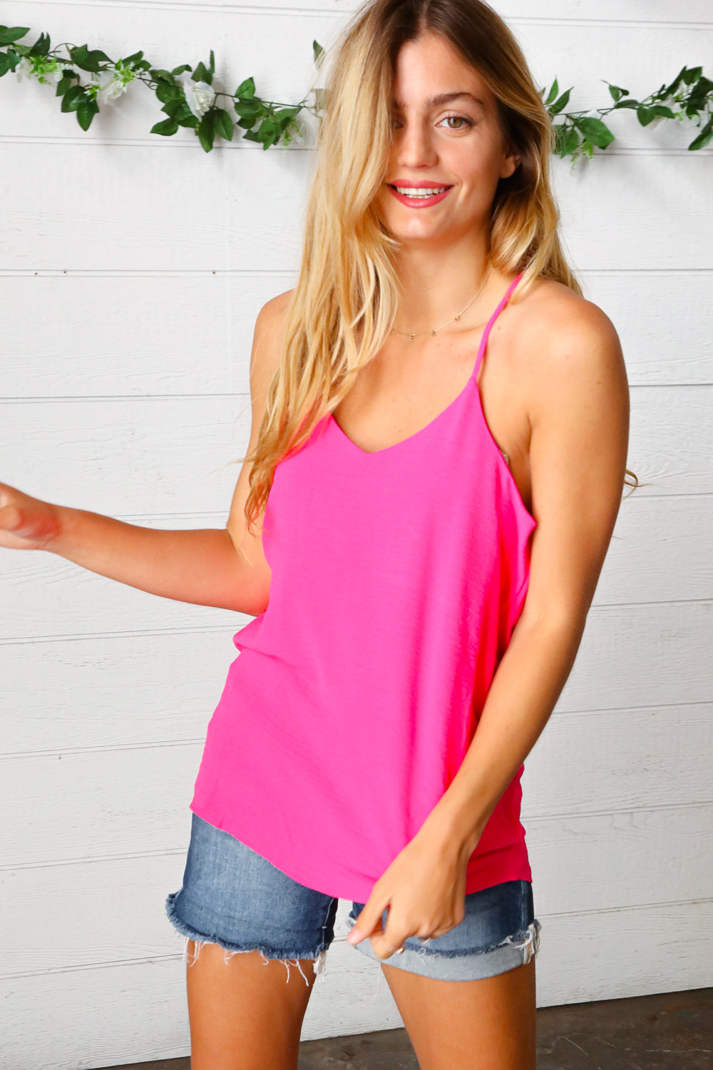 Hot Pink Adjustable Strap V Neck Lined Cami - Luxe Mod 