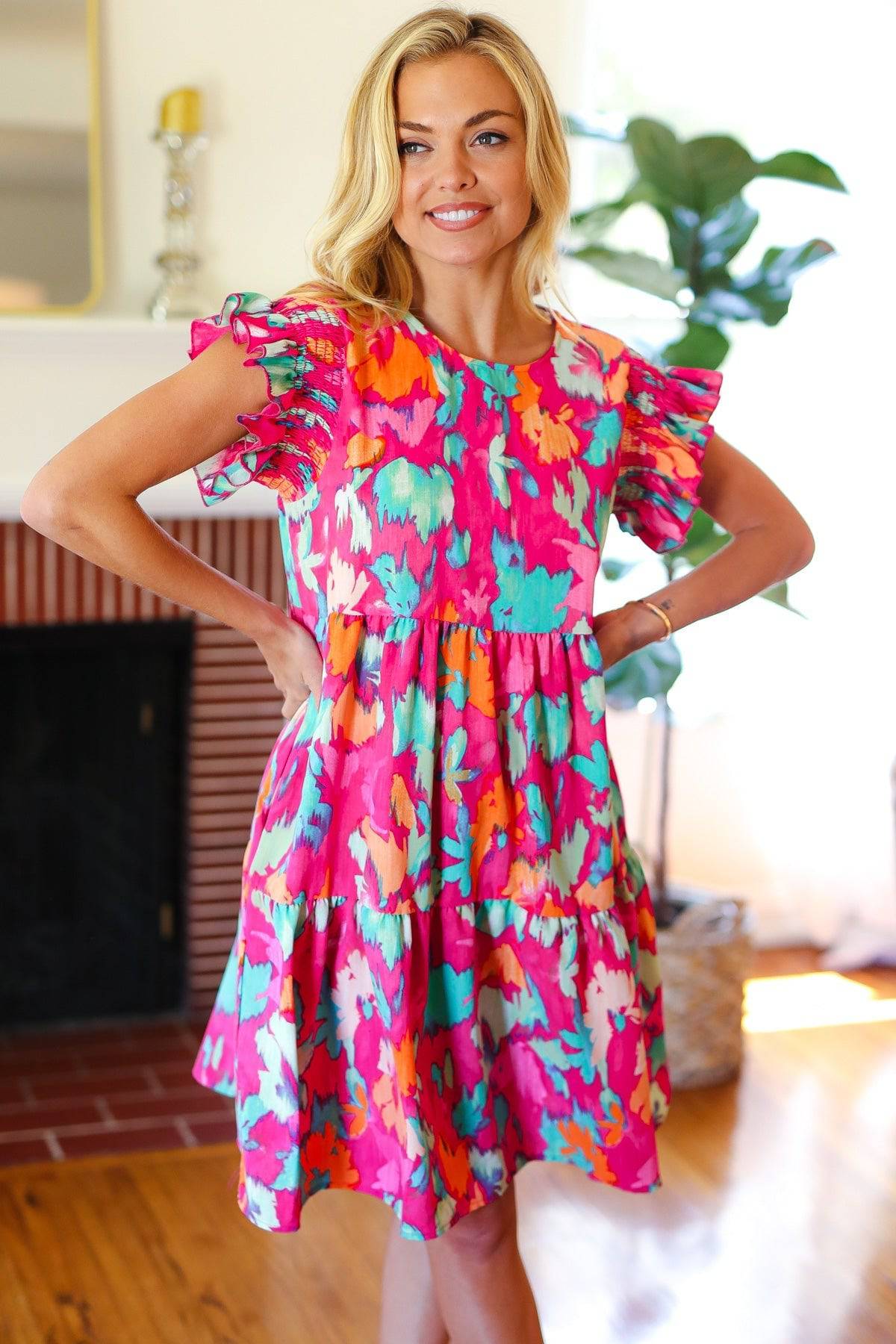 Look of Love Fuchsia Abstract Floral Print Smocked Ruffle Sleeve Dress - Luxe Mod 