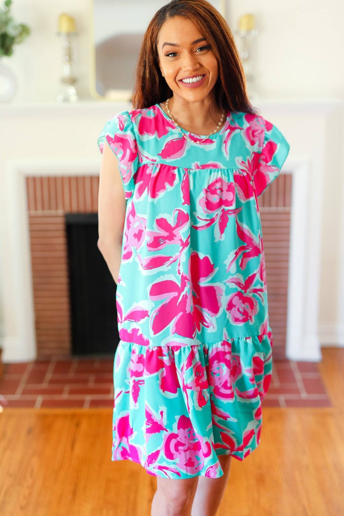 Diva Dreaming Aqua & Fuchsia Floral Print Tiered Ruffle Sleeve Dress - Luxe Mod 