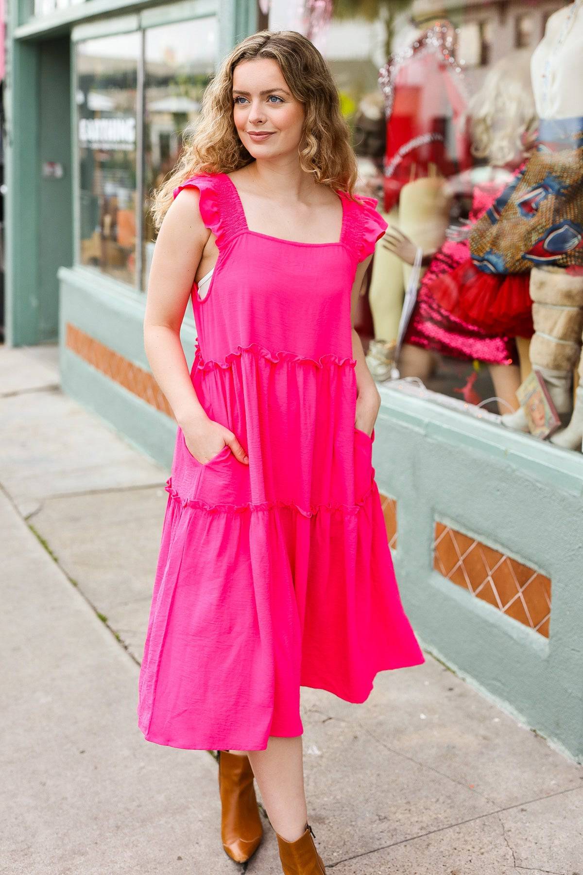 Lots To Love Fuchsia Smocked Flutter Sleeve Tiered Midi Dress - Luxe Mod 