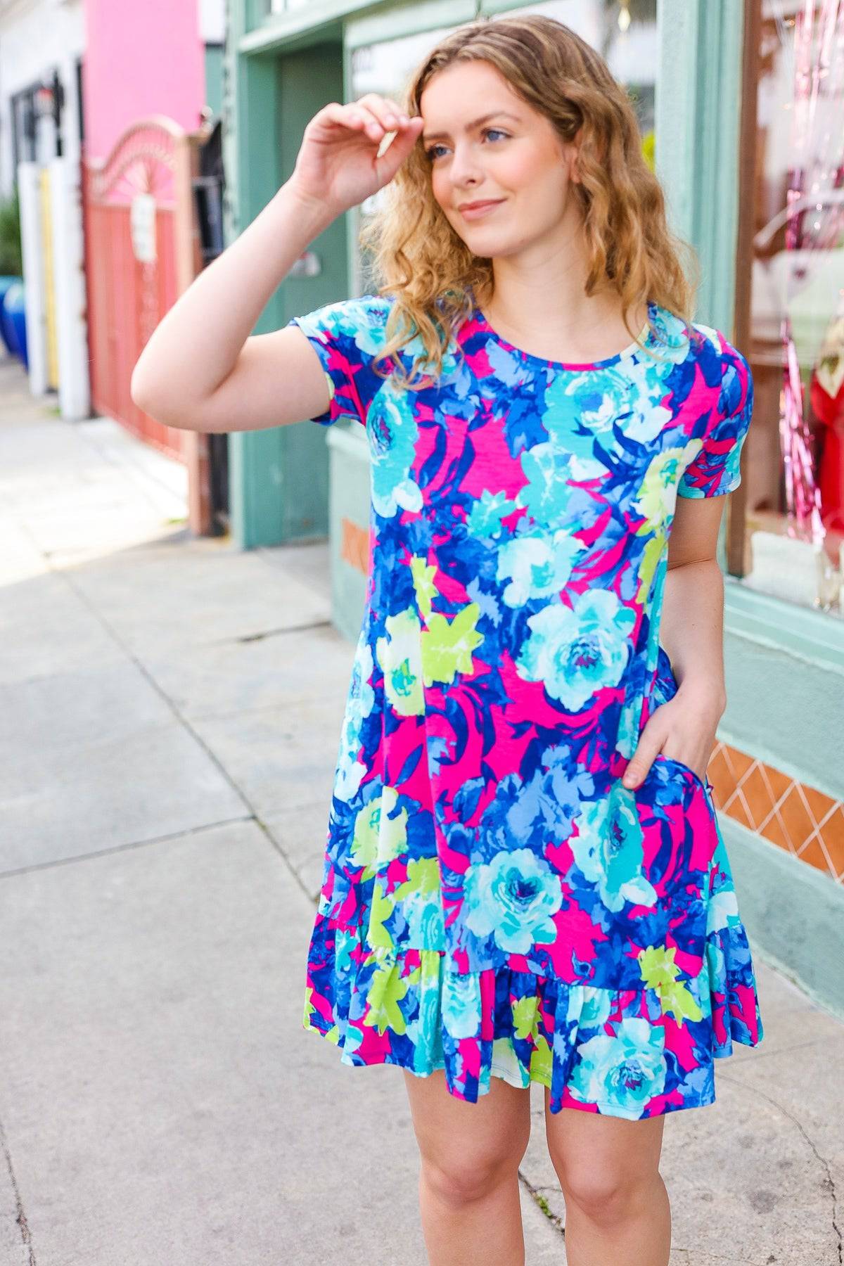 Everyday Blue & Pink Floral Ruffle Hem Dress - Luxe Mod 