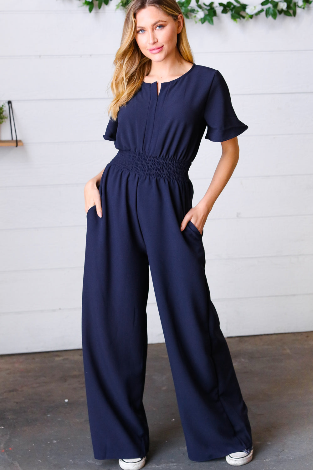 Dark Blue Smocked Waist Notch Neck Crepe Jumpsuit - Luxe Mod 