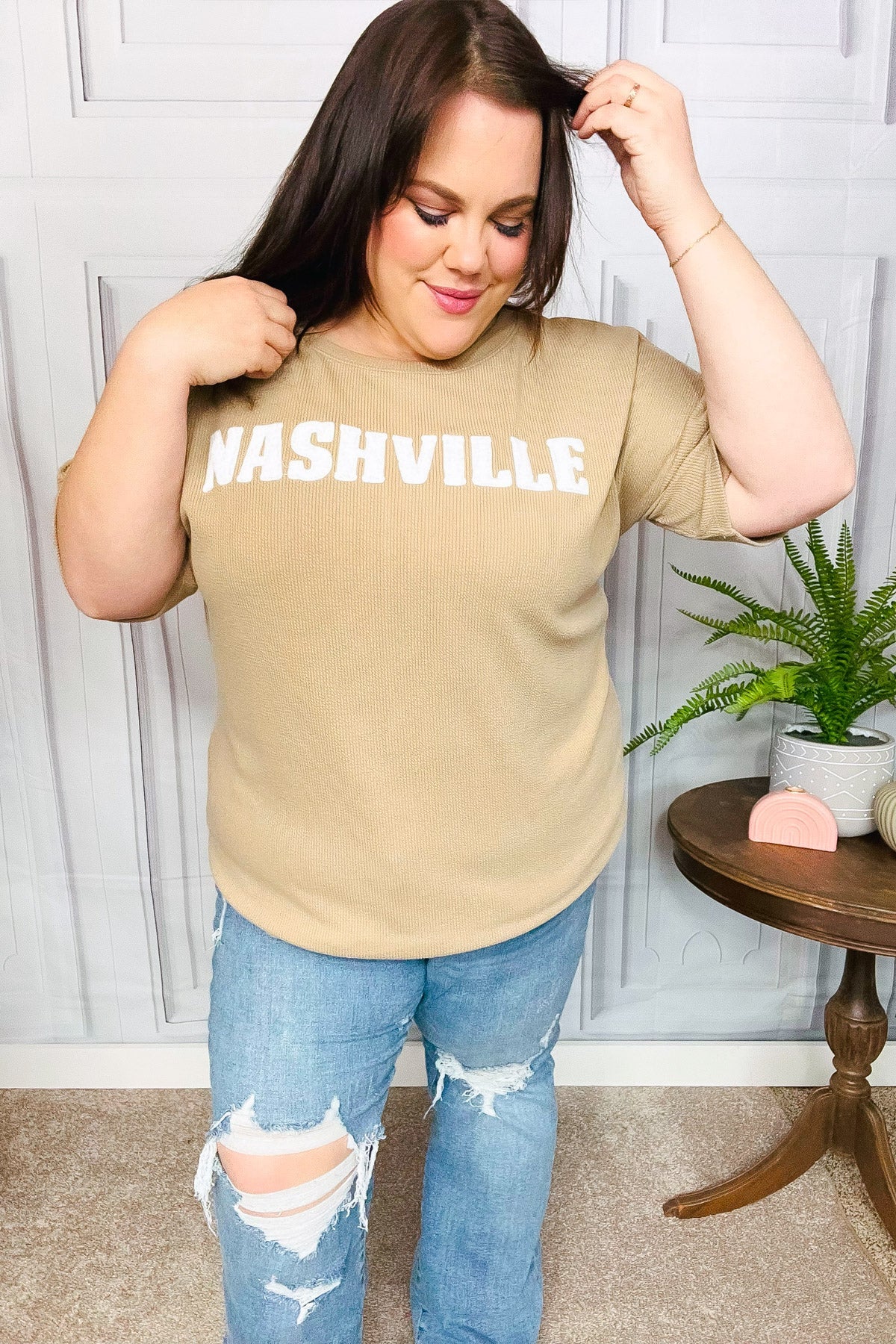 Taupe Pop-Up Embroidered "NASHVILLE" Ribbed Top - Luxe Mod 