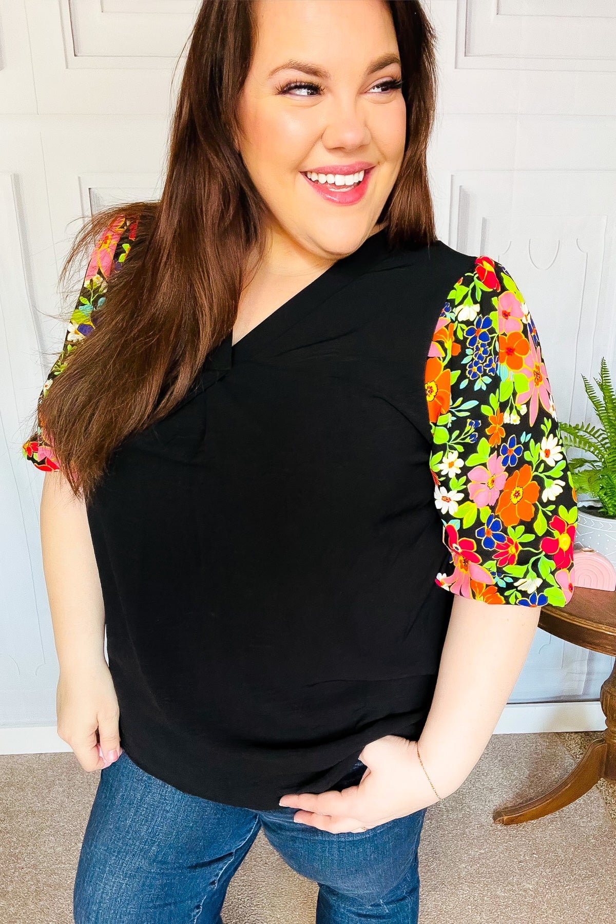 Eyes On You Black Floral Puff Sleeve V Neck Top - Luxe Mod 