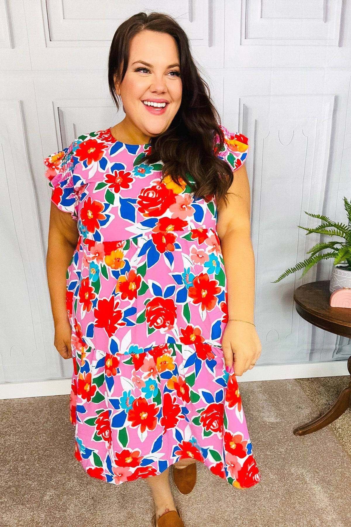 Love Found Pink Floral Smocked Ruffle Sleeve Tiered Dress - Luxe Mod 