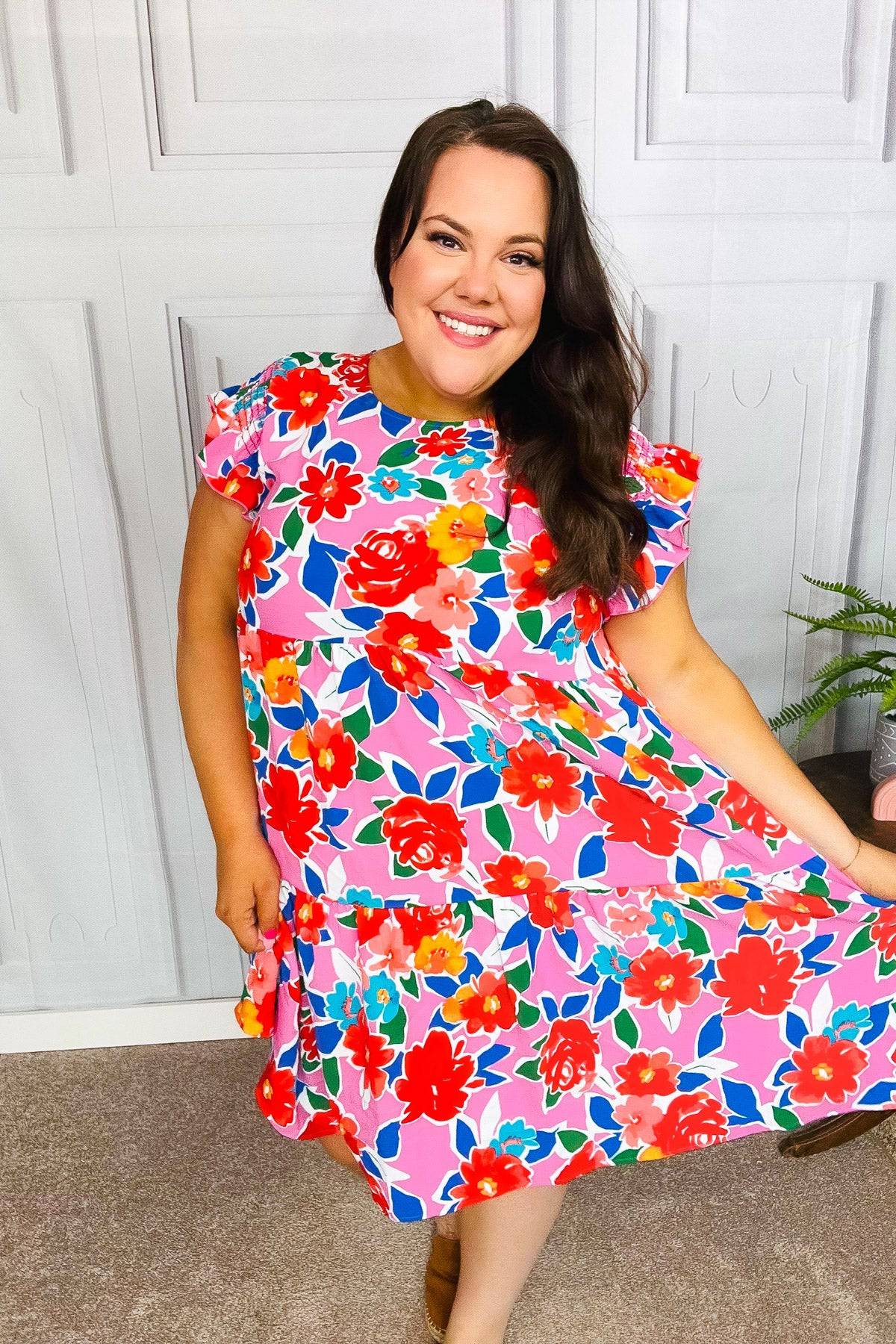 Love Found Pink Floral Smocked Ruffle Sleeve Tiered Dress - Luxe Mod 