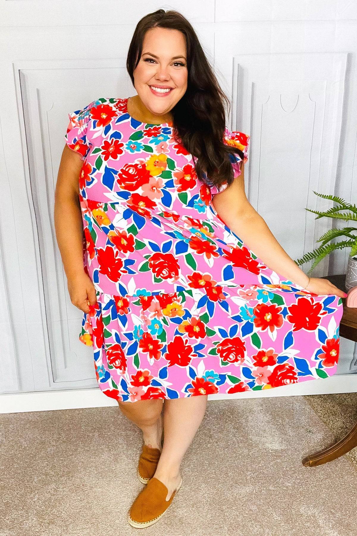 Love Found Pink Floral Smocked Ruffle Sleeve Tiered Dress - Luxe Mod 