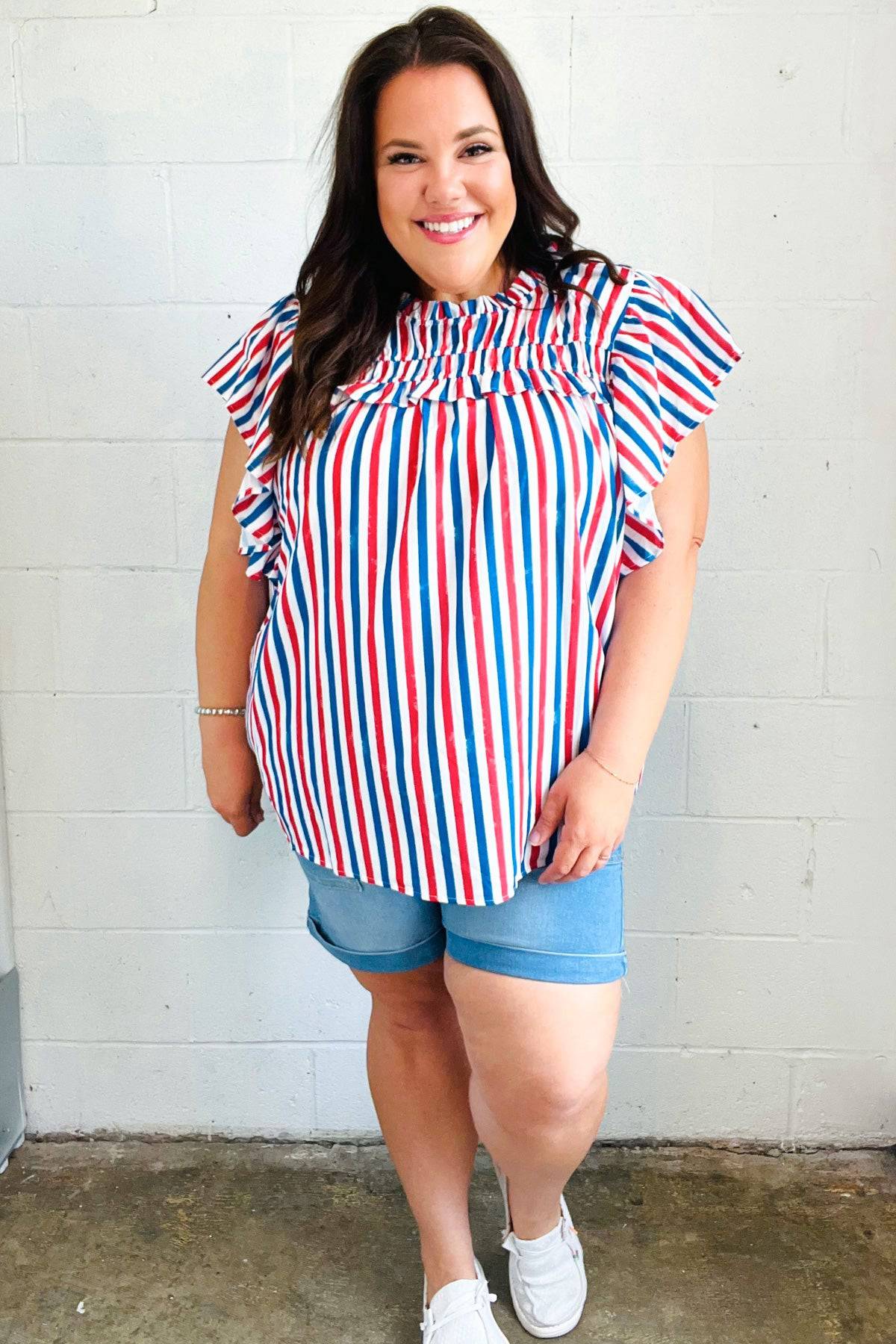 American Red White & Blue Stripe Shirred Yoke Neck Top - Luxe Mod 