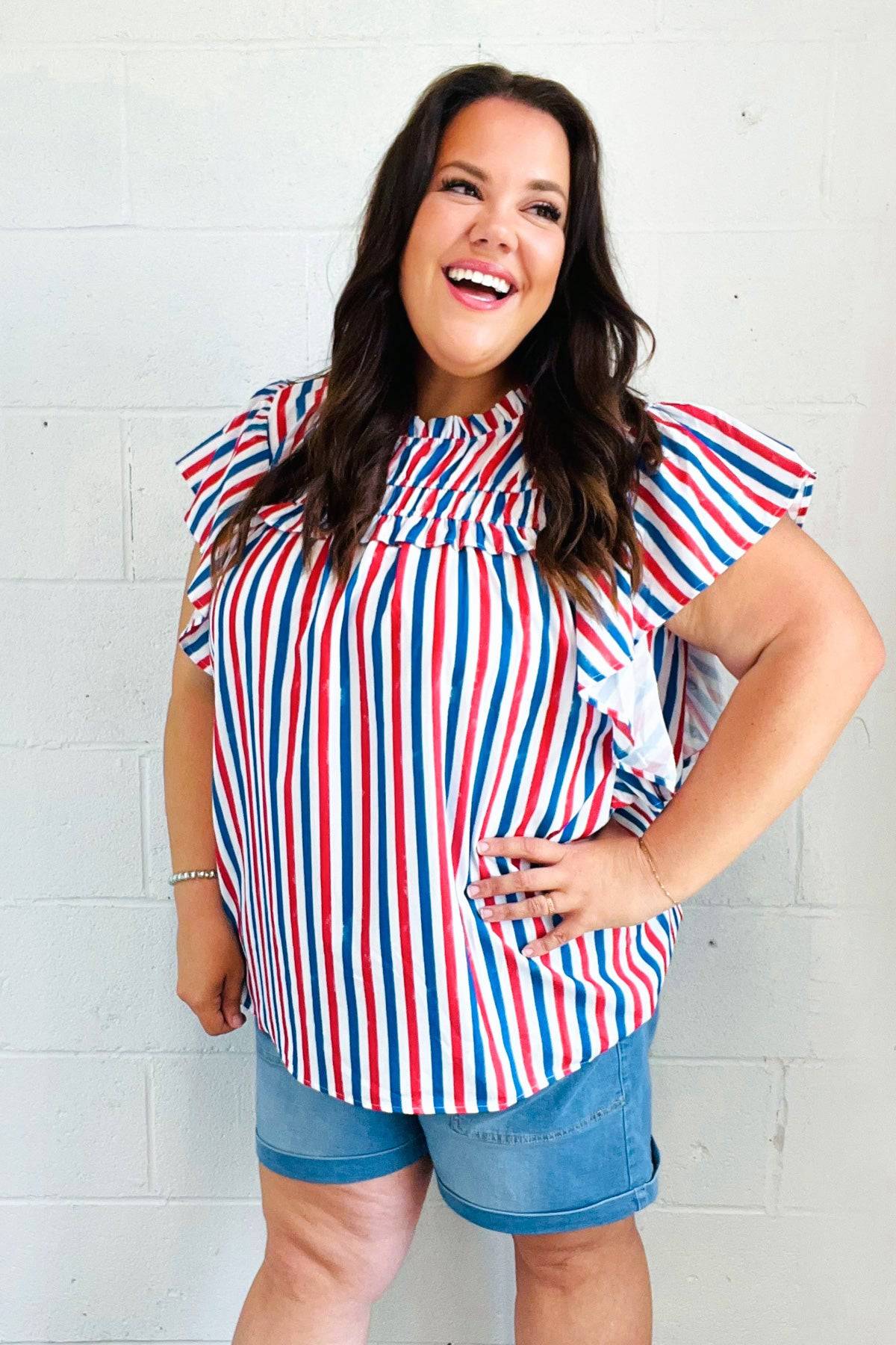 American Red White & Blue Stripe Shirred Yoke Neck Top - Luxe Mod 