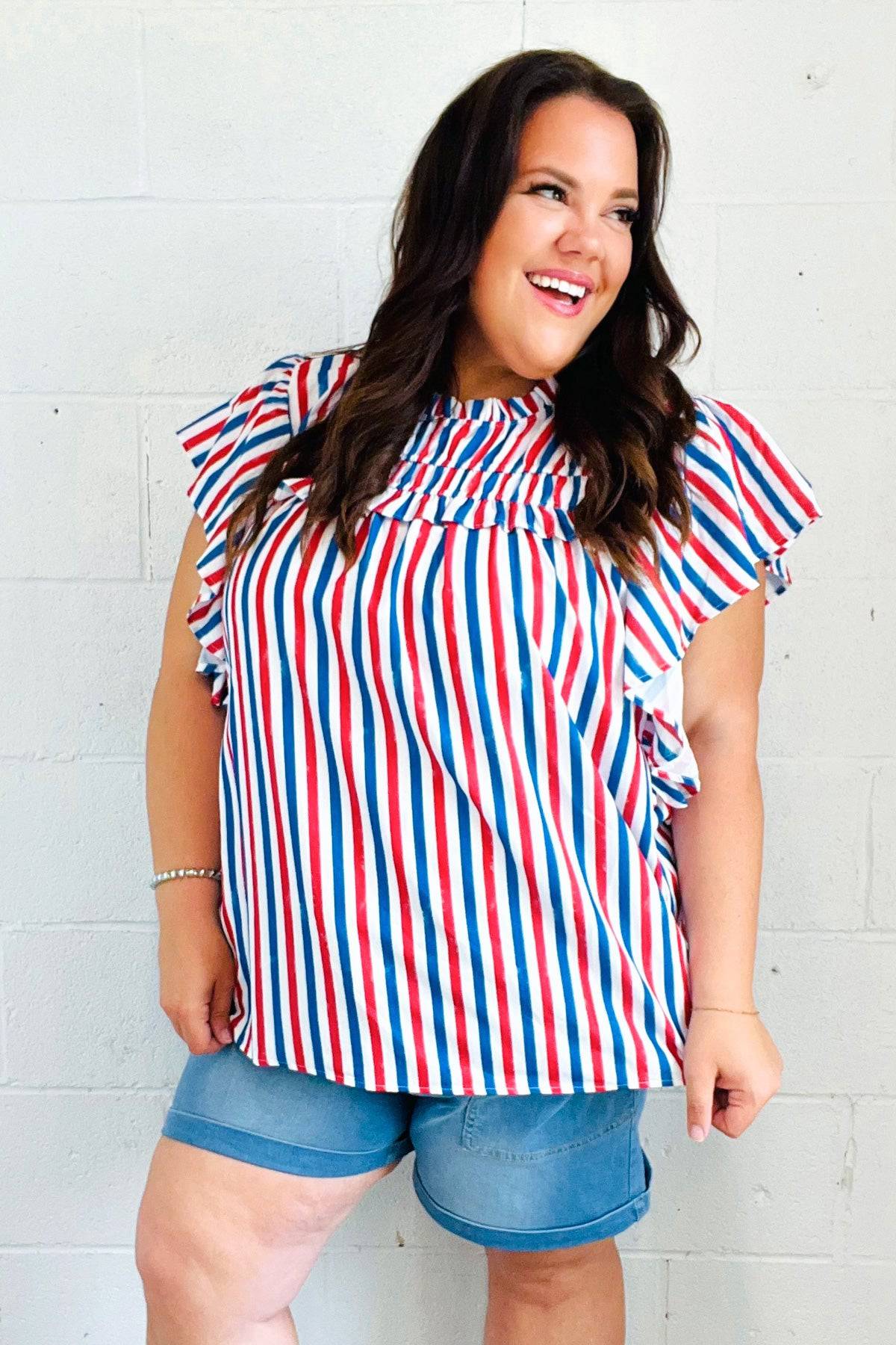 American Red White & Blue Stripe Shirred Yoke Neck Top - Luxe Mod 