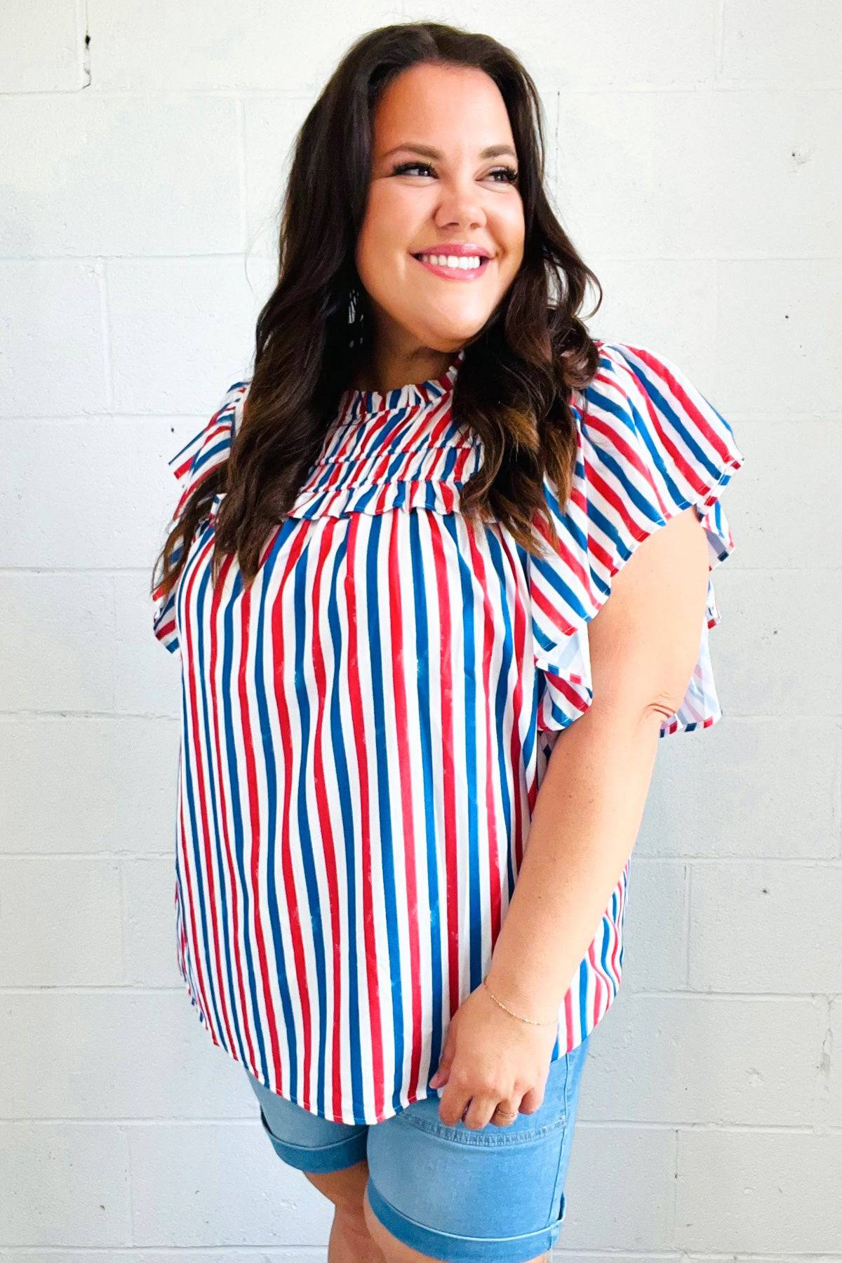 American Red White & Blue Stripe Shirred Yoke Neck Top - Luxe Mod 