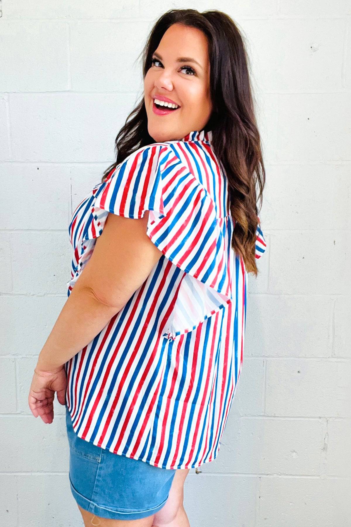 American Red White & Blue Stripe Shirred Yoke Neck Top - Luxe Mod 